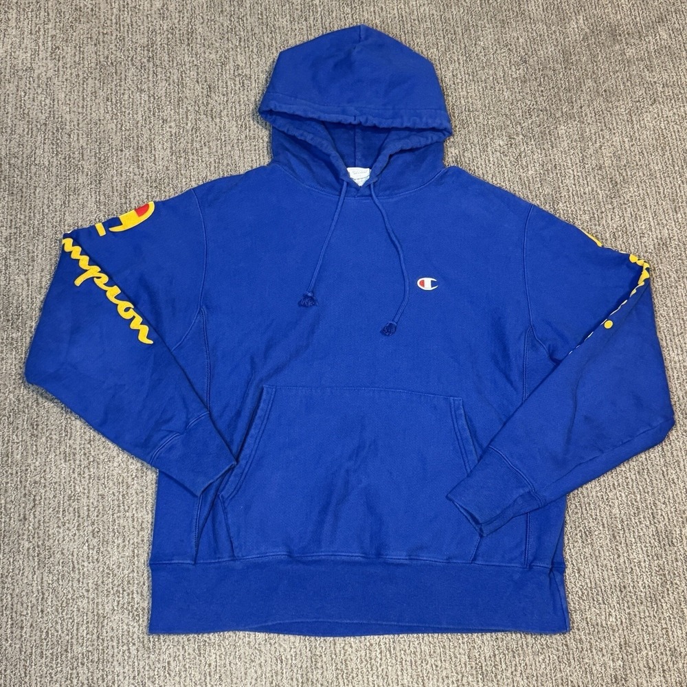 Champion Reverse Weave Pullover Hoodie Sweatshirt Mens L Arm Script Royal Blue